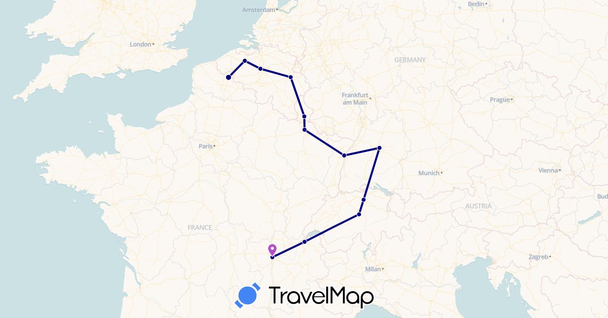 TravelMap itinerary: driving, train in Belgium, Switzerland, Germany, France, Luxembourg (Europe)